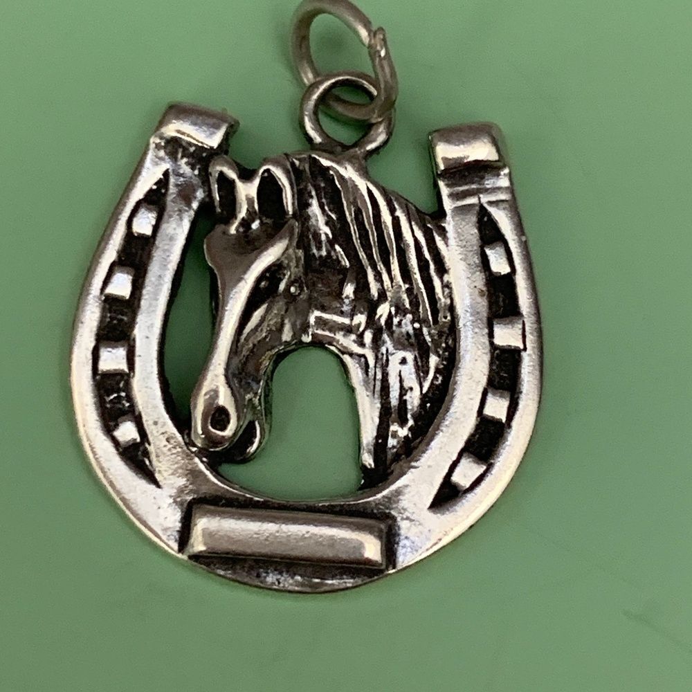 Horseshoe with Horse in center Sterling Silver Jewelry Charm #ornate #western